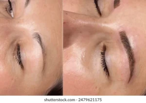 Close-up comparison of a woman's eyebrows before and after microblading, showing the difference in eyebrow fullness and shape. - Bridge Aveda Salon | Chattanooga, TN